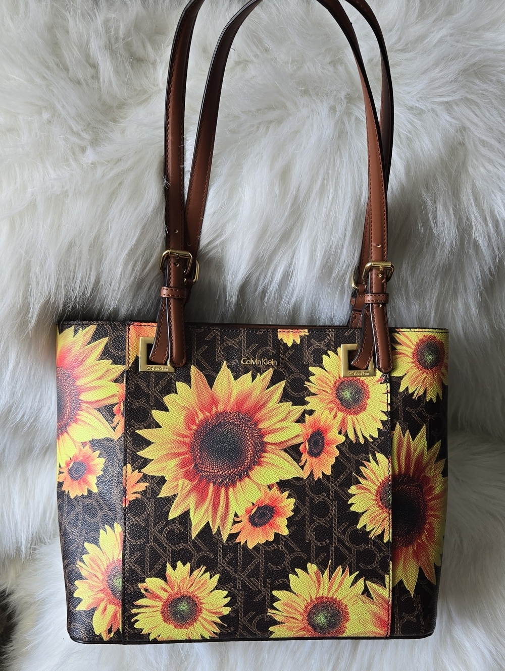 Calvin Klein Brown Tote with Yellow Sunflower Print